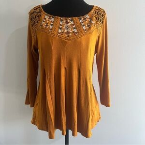 Artesia Yellow Embroidered Crochet Pleated 3/4 Sleeve Women's Shirt Top Blouse